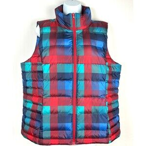 Lands End Down Vest Women's Red Blue Plaid Puffer Size XL 18